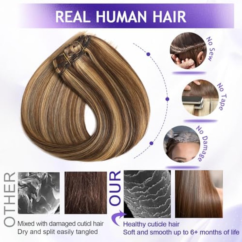 Clip in Hair Extensions Real Human Hair, 22inch 110g, 100% Brazilian Remy Human Hair Clip ins for Women, Double Weft Invisible 8pcs, #4/27 Chocolate Brown to Honey Blonde