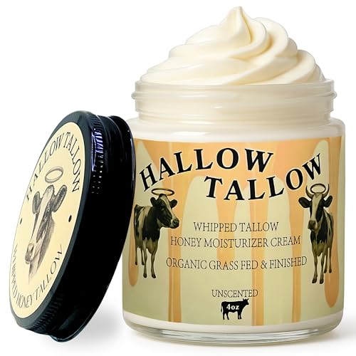 Hallow Tallow Whipped Beef Tallow Moisturizer ? 100% Grass-Fed & Finished Tallow Balm with Manuka Honey, Jojoba & Olive Oil, Calendula Extract ? Natural Hydrating Face & Body Cream, 4oz