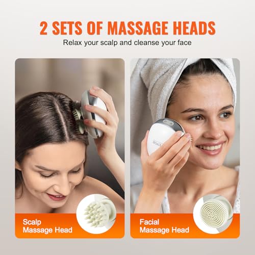 VEVOR Electric Scalp Massager with Heat, Rechargeable Heated Head Massager, IPX7 Waterproof | Portable Kneading Scalp Scratcher with 8 Removable Massage Head for Hair Growth, Deep Clean, Stress Relax