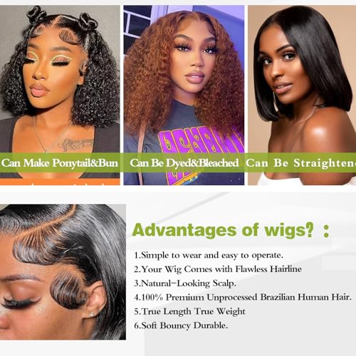 Water Wave Short Bob Wig Human Hair 13x4 Hd Lace Front Wigs Human Hair Pre Plucked 200% Density Deep Curly Lace Frontal for Black Women Glueless10INCH