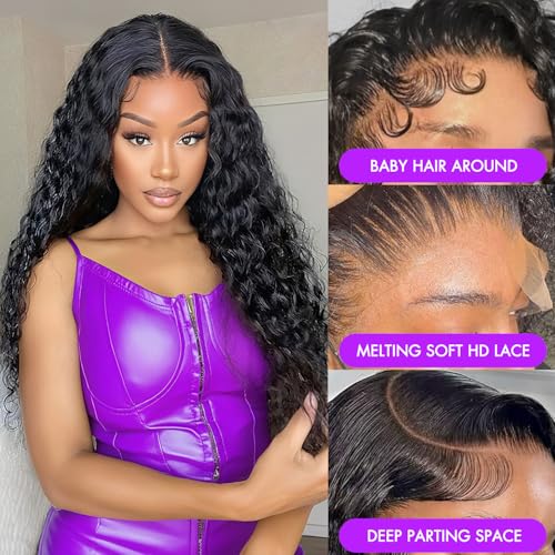 28 Inch Deep Wave Lace Front Wigs Human Hair Pre Plucked 13x6 HD Lace Front Wigs Human Hair 200 Density 13x6 Lace Frontal Deep Wave Wig Natural Color Glueless Deep Curly Wig for Women