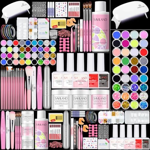 SAVILAND Professional Acrylic Nail Kit for Beginner: Acrylic Nail Set for Starter with Everything Gel Nail Polish Nail Drill U V Nail Light Gift Home Salon