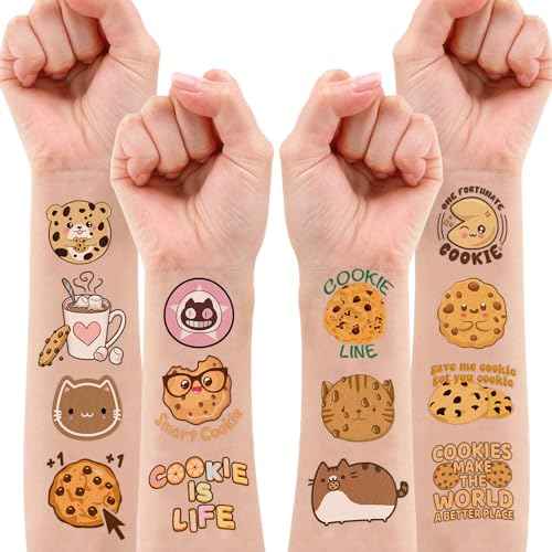 96PCS Cookie Pre-Cut Temporary Tattoos 8 Sheets 96PCS Milk and Cookies Party Decorations Supplies Favors Candyland Theme Birthday Cute Stickers Christmas Gifts for Boys Girls Class School Prizes