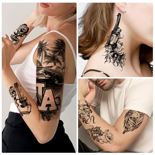 77 Sheets Temporary Tattoos, Chicano Large Fake Tattoos Chicano Guadalupe Gangster Prisoner Day of the Dead, Lowrider Style Culture Mexico Clown Fake Tattoo Stickers for Men Women Adults