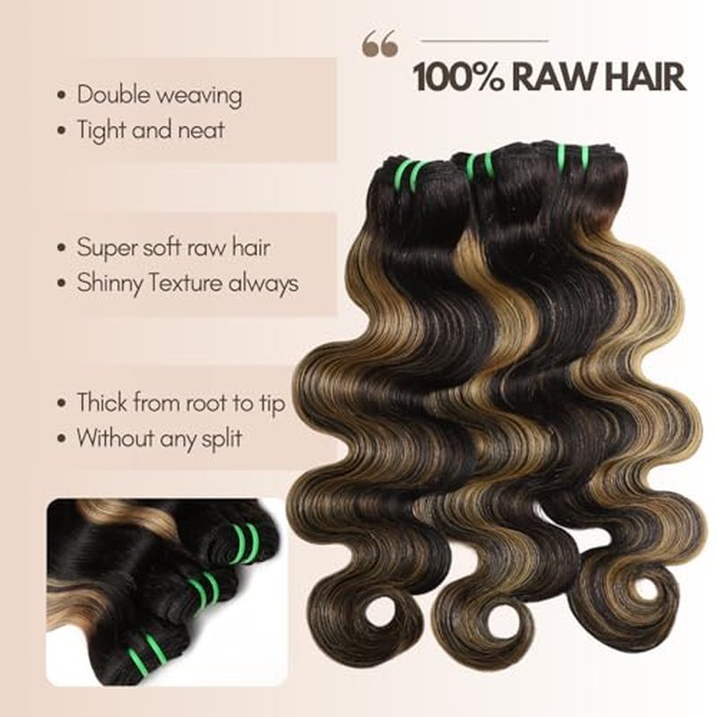 13A Double Drawn Honey Blonde Highlight FB27 Bundles Body Wave Human Hair, Black With Honey Brown Highlight Human Hair 3 Bundles Unprocessed Remy Hair F1B/27 Ombre Hair Extension 10 12 14 Inch