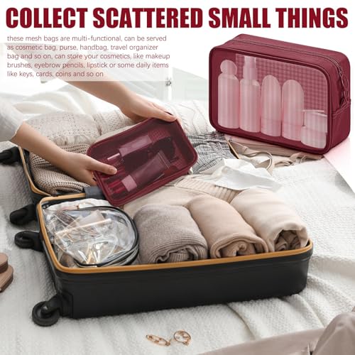 Weewooday 4 Pcs Mesh Makeup Bag Mesh Cosmetic Bag Travel Toiletry Pouch with Zipper Mini Makeup Cosmetic Purse for Daily Accessory(Small, Large, Medium,Wine Red)