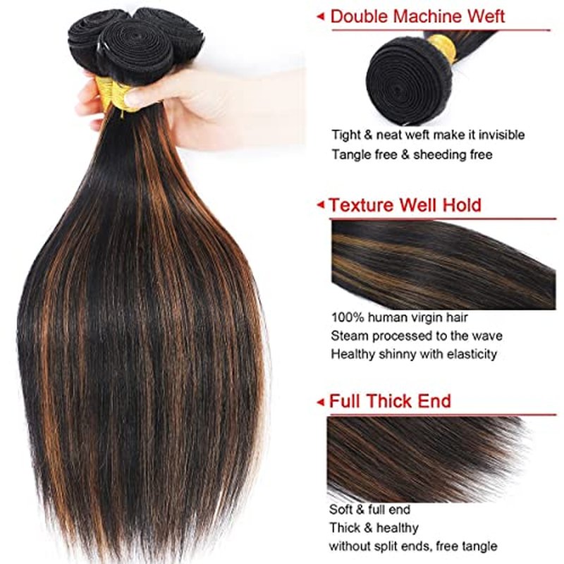 Haha Brown Highlight Human Hair Bundles With Closure Straight Ombre Bundles With Closure Colored Balayage 10A Remy Virgin Hair Weave 3 Bundles With 4x4 Lace Closure Free Part 12 12 12+10 Inch #FB30