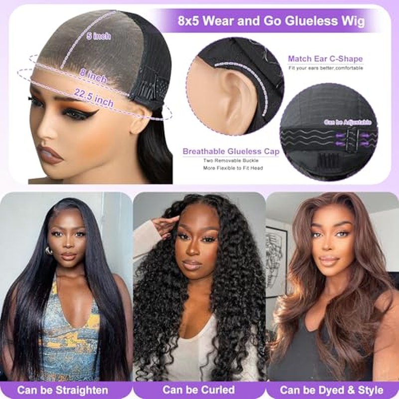 Glueless Wigs Human Hair Pre Cut Lace 8x5 HD Lace Front Wig for Beginners 180% Density Body Wave no Glueless Lace Wigs Human Hair 30 Seconds to Wear for Beginner friendly 26inch