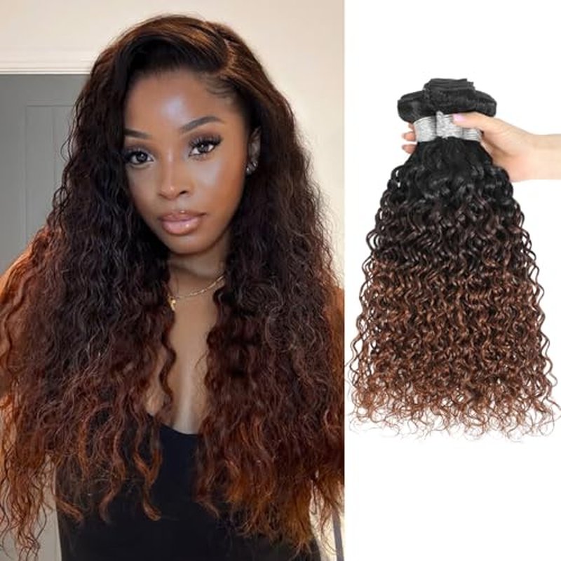 ALHER 12A Ombre Human Hair 3 Bundles Water Wave, Salon Quality Soft Thick Chestnut Brown Ombre Curly Bundles Wet and Wavy 100% Remy Hair #T1B/2/30 Dark Root to Medium Auburn Sew In Weave 10/12/14 Inch