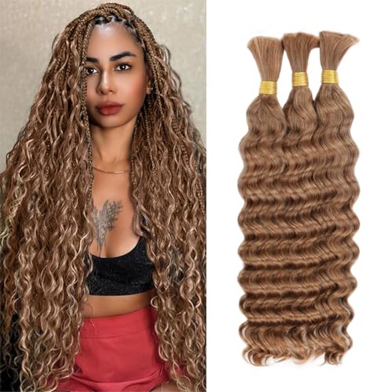 Deep Wave Human Braiding Hair for Boho Braids ? 18 Inch 120g 3 Bundles/Pack Honey Blonde, 100% Unprocessed 12A Brazilian Virgin Hair Bulk, No Weft, Wet & Wavy Curly Knotless Extensions
