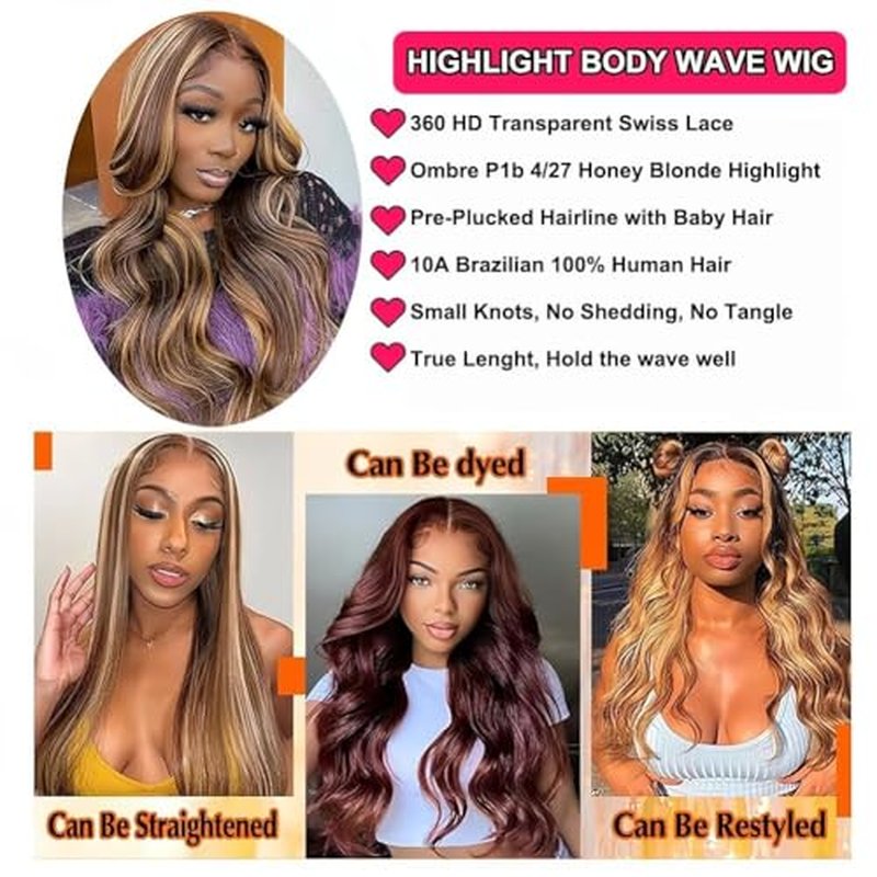 Ombre Highlight Body Wave 360 Lace Front Wigs Human Hair Pre Plucked With Baby Hair Honey Blonde 360 Hd Lace Frontal Wigs Full Lace for Women 18inch