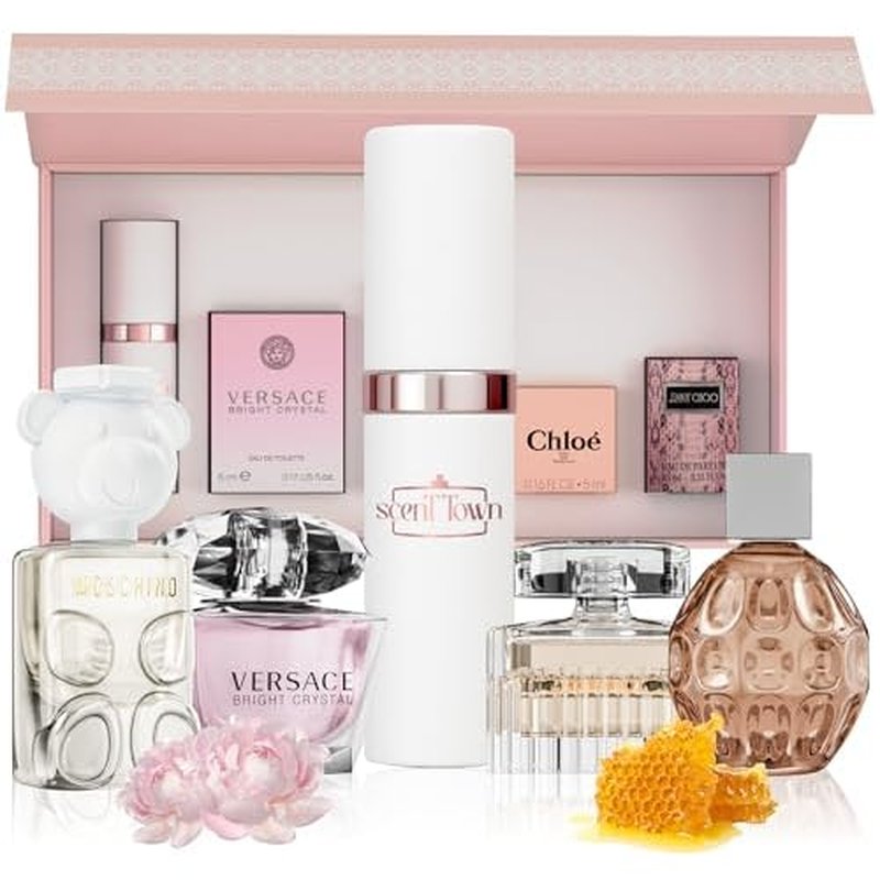 Women's Perfume Gift Sets Bundle Mini Bottle ? Designer Womens Perfume Sampler Sets with Refillable Atomizer ? Bundle Includes Versace, Moschino, Chloe, Jimmy Choo Travel Size 0.15 Oz Each