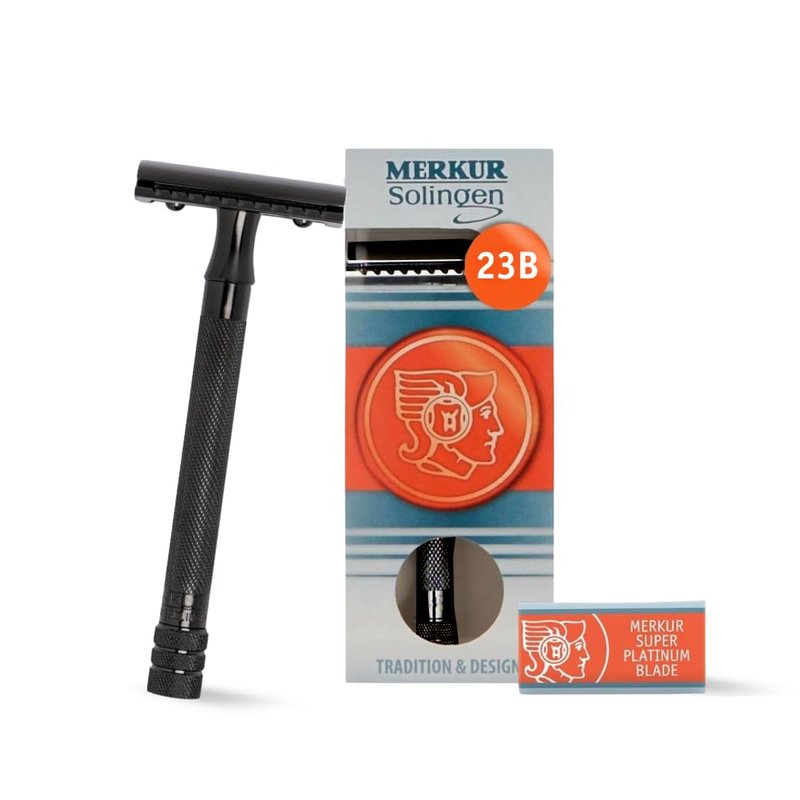 MERKUR 23B Double Edge Safety Razor - Black Long Knurled Brass Handle Made in Germany Plastic-Free Three Piece Design Closed Comb Straight Bar