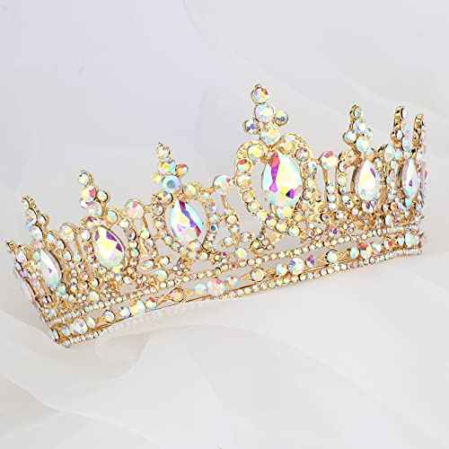 COCIDE Gold Queen Crown for Women Crystal Tiara and Crown for Girl Rhinestones Hair Accessories for Wedding Bride Birthday Party Prom Bridal Bridesmaid (Aurora Borealis + Gold Tiara)