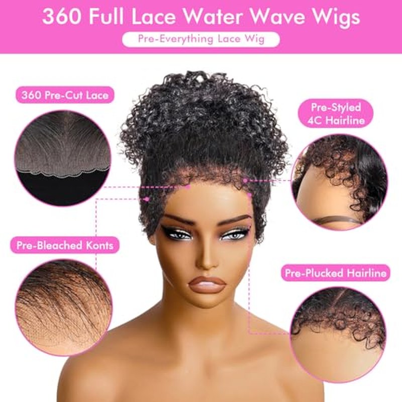 Healthair Water Wave Invisible 360 Lace Front Wigs Human Hair 4C Edge Hidden Strap Pre Cut Lace Pre Bleached Knots Glueless 360 HD Full Lace Wigs for Women (18inch)