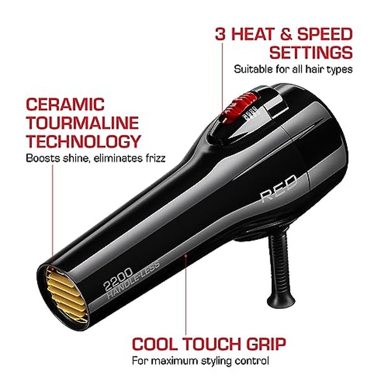 RED by Kiss Handle-Less 2200W Ceramic Tourmaline Hair Dryer, 3 Heat Settings, Pro Blow Dryer with Comb Attachment, Ionic for Frizz-Free Shine, Detangler & Straightening for 4C