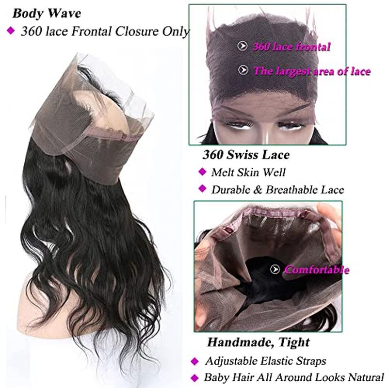 360 Lace Frontal 360 HD Transparent Full Lace 12A Unprocessed Brazilian Remy Human Hair Body Wave Frontal Bleachable Knots 150% Density Natural Color 22 Inch