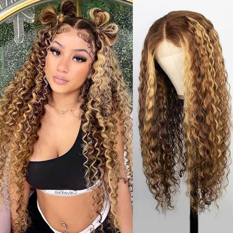 13x6 Highlight Ombre Lace Front Wig Human Hair 4/27 Honey Blonde Deep Wave Lace Frontal Wigs Human Hair Pre Plucked 200% Density Glueless Wig 20 Inch