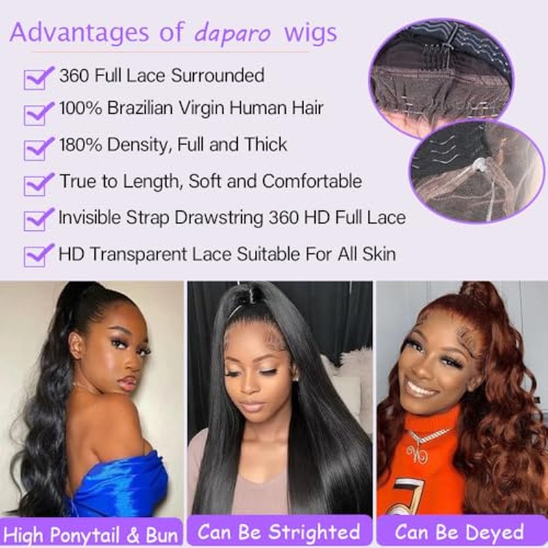 Body Wave Lace Front Wigs Human Hair Invisible Strap 360 HD Lace Front Wigs Human Hair Pre Plucked Drawstring 360 Lace Frontal Wig 180 Density Glueless Wigs Human Hair for Women 20 Inch