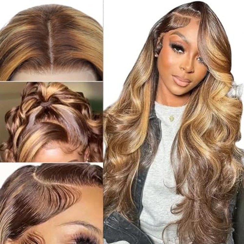 Human Hair Wig 24 Inch 13x4 Ombre Body Wave Lace Front Wigs Human Hair Honey Blonde Wig Pre Plucked with Baby Hair 200 Density 4/27 Highlight Glueless Human Hair Wigs for Black Women
