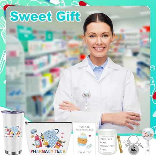 6 Pcs Pharmacy Technician Gifts Include Cup Portable Cosmetic Bag Badge Keychain Aromatherapy Thank You Card Pharmacy Technician Accessories for Doctors Nurses Week Gift Supplies