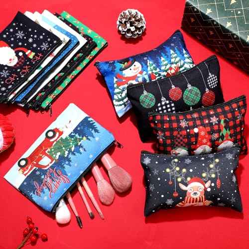 Abbylike 40 Pcs Christmas Gift Makeup Bags Buffalo Plaid Holiday Cosmetics Bag with Zipper Xmas Gnomes Elk Snowman Goodie Portable toiletry Pouch with Dwarf Santa Claus for Women Travel