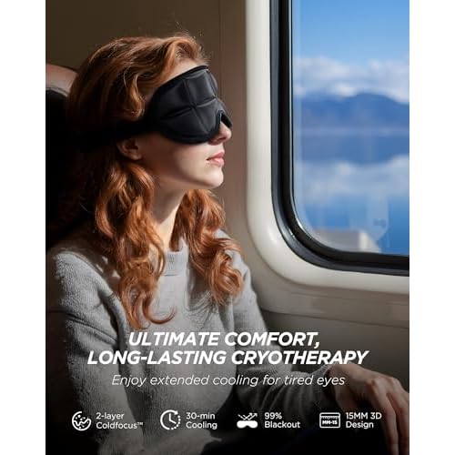 3D Cooling Sleep Mask with Double Coldfocus Gel - Frozen Cold Gel Eyes Mask with Contoured Blackout Hot & Cold Therapy for Women, Men Sleeping on Airplane Traveling for Migraine, Dry Puffy Eyes,1 Pack