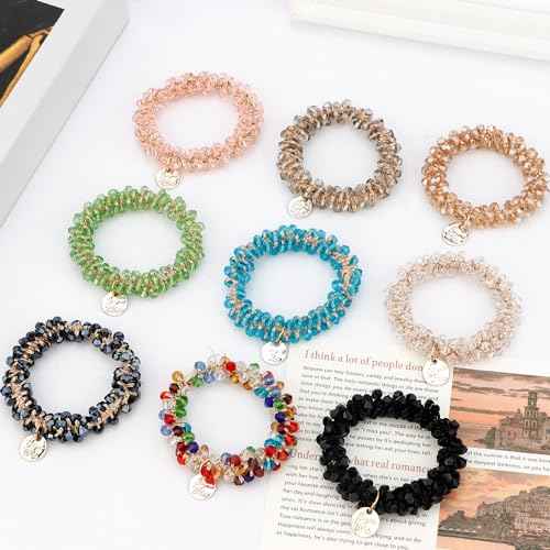 AHONEY 9 Count Hair Ties Elastic Hair Scrunchies Hold Crystal Bulk Hair Ropes Stretchy Handmade Boho Hair Accessories for Women Girls