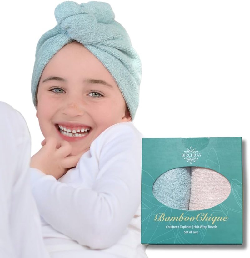 Hair Towel Wrap for Kids - 100% Bamboo Viscose | Essential Drying Wrap | Set of 2 - Seafoam Blue & Seashell Blush Pink