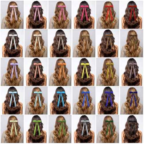 Mimorou 60 Pcs Hair Bow for Girls Women Bulk Silky Satin Ribbon Hair Bows Tassel Bowknot Clips Barrettes with Long Tail, 30 Colors