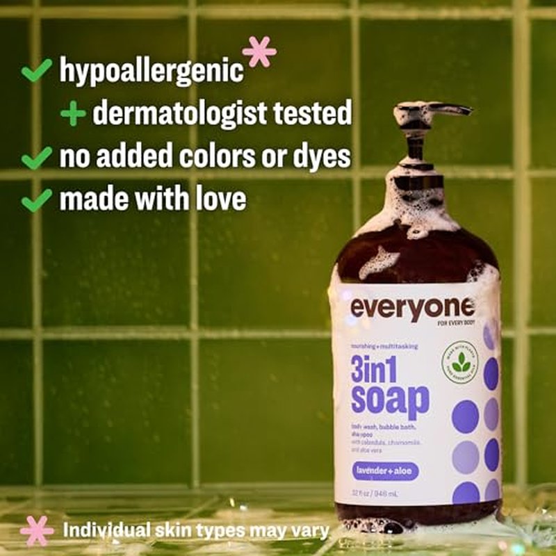 Everyone 3-in-1 Soap, Body Wash, Bubble Bath, Shampoo, 32 Ounce (Pack of 2), Lavender and Aloe, made with Essential Oils for Men and Women
