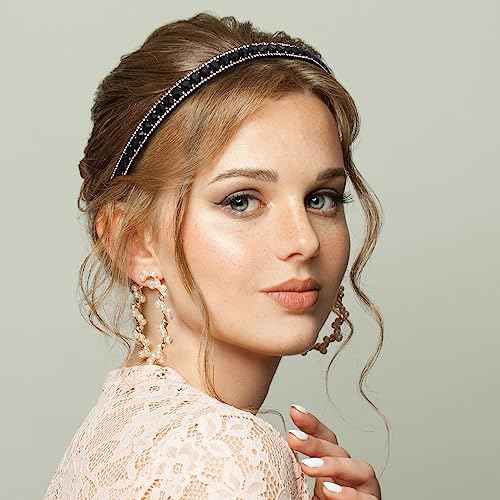 2 Pack Non-Slip Rhinestone Headbands for Women, Sparkling Crystal Hair Bands for Bridal Wedding, Bling Diamond Hair styling Clips Accessories for Girls- Black & White