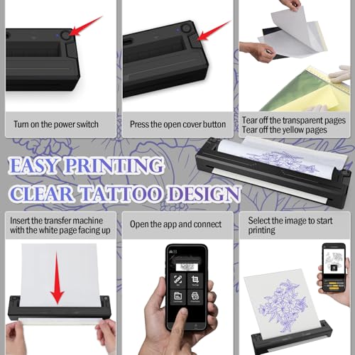 Wireless Tattoo Stencil Printer, Portable Bluetooth Thermal Tattoo Printer with App Custom-Size¡Â?A4, Print Realistic Portraits, 10 Transfer Papers Included, Works for Phone/Tablet/PC - Black