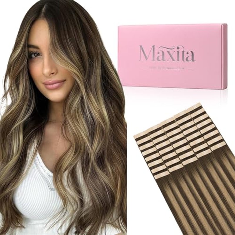 MAXITA Tape in Hair Extensions Human Hair 4/27/4 Chocolate Brown Mixed Caramel Blonde Balayage 18 Inch 100g 40pcs Thick Ends Straight Seamless Tape ins Remy Invisible Tape in Extensions Human Hair
