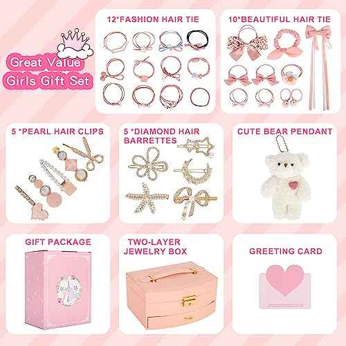 Hair Accessories for Girls£¬Teen Girl Gifts Including Jewelry Box/Hair Clips/Hair Barrettes/Hair Ties/Hair Bows£¬birthday gift for girls age 6 7 8-14£¨Cute Bear£©