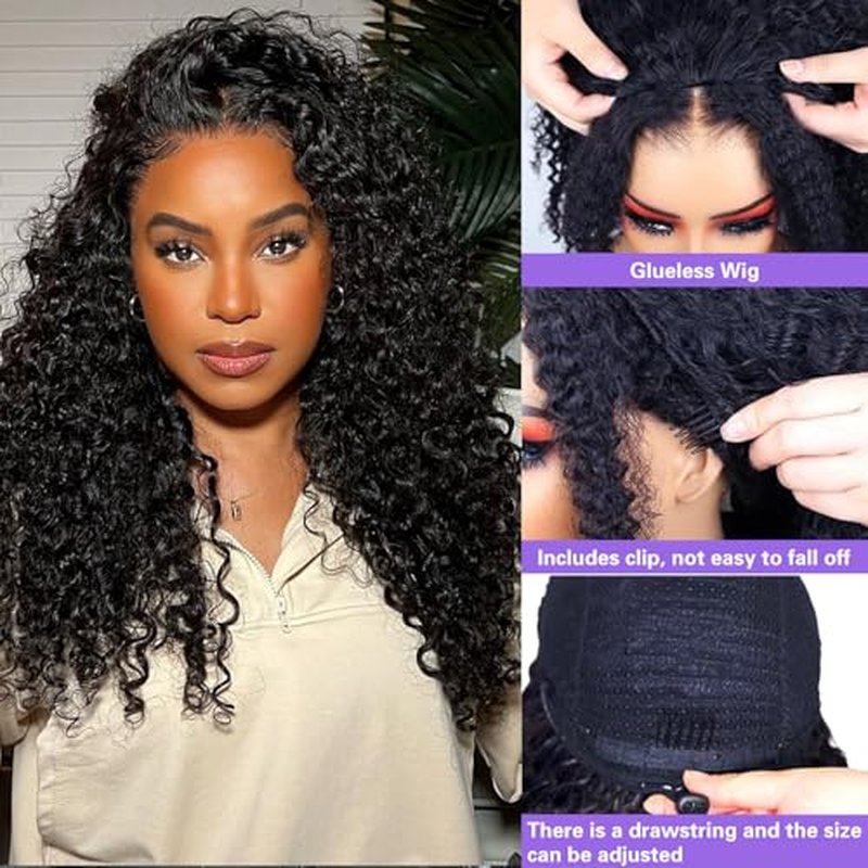 Half Wig Human Hair Deep Wave Glueless Wigs Human Hair Curly Half Wig 200% Density Drawstring Seamless Flip Over Half Wigs for Women Invisible Hairline Beginner Friendly Headband Wig 20 Inch