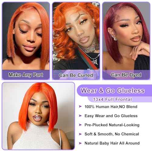 Ginger Orange Bob Lace Front Wigs Human Hair 13x4 HD Transparent Lace Frontal Wigs Pre Plucked Short Bob Wig Straight Wig with Baby Hair #350 Natural Hairline for Black Women 180% Density 10 Inch