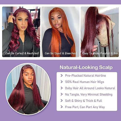 REMY HAIR 99J Lace Front Wigs Human Hair 13x4 Transparent Frontal Lace Straight Wig Pre Plucked with Baby Hair 180% Density Brazilian Virgin Glueless Wigs for Women Burgundy Lace Front Wigs (14 Inch)