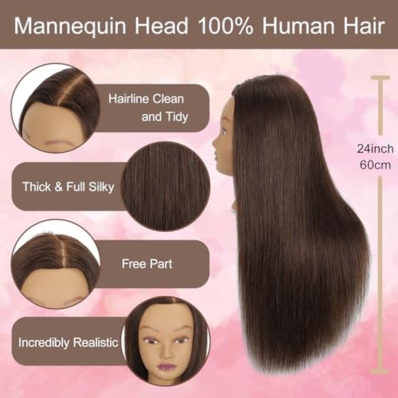 Mannequin Head Human Hair 24" 100% Human Hair Mannequin Head£¬Cosmetology Mannequin Head Doll Head for Hair Styling Hairdresser Manikin Head with Free Clamp Holder(Dark Brown)