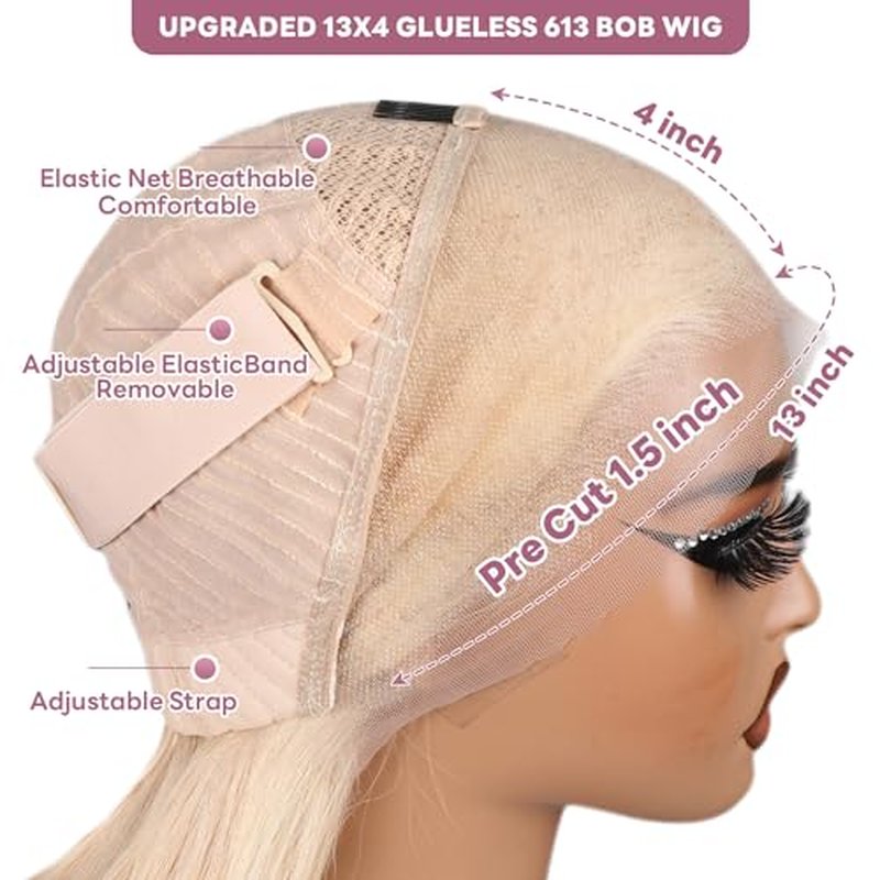 Blonde Bob Wig Human Hair 13X4 613 Bob Wig Transparent HD Lace Front Wig Human Hair Middle Part Straight Bob Wig Pre Plucked 210% Density with Baby Hair£¨12inch£©