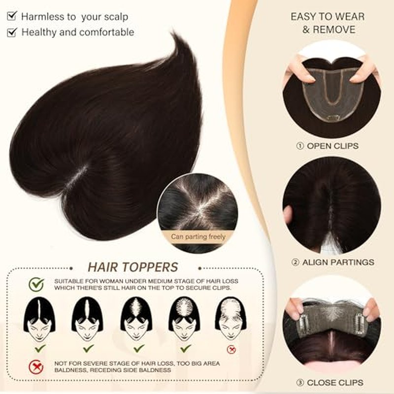 Large Coverage 5.1x5.9inch Hair Toppers for Women Real Human Hair No Bangs Swiss Base Wig Topper Womens Hair Topper for Thinning Hair 150% Density Remy Hair Wiglets #2