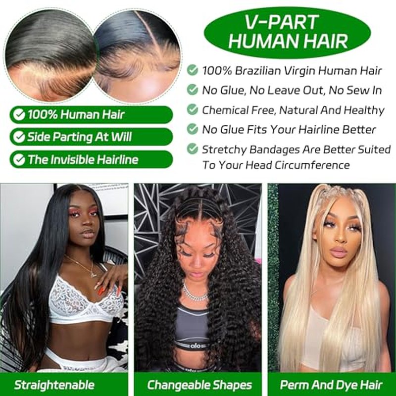 V Part Wig Human Hair Kinky Curly U Part Wig for Women Jerry Curly Glueless Upgrade V Part Clip in Half 180% Density No Leave Out No Sew in Natural Color 20Inch