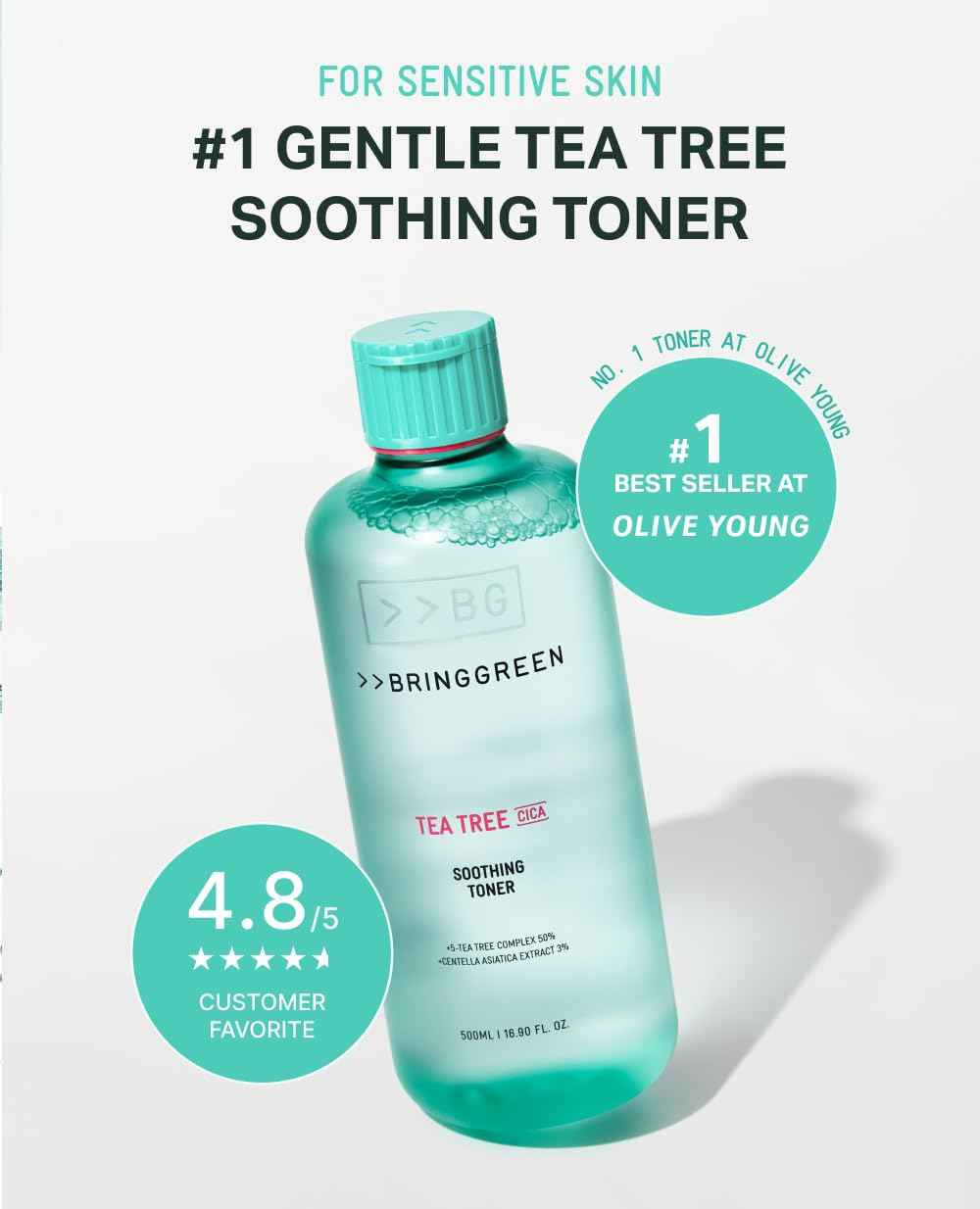 BRING GREEN Tea Tree CICA Soothing Toner | Mild Daily Skincare Routine for Cooling and Hydrating Effect (8.5 Fl. Oz., 250ml)