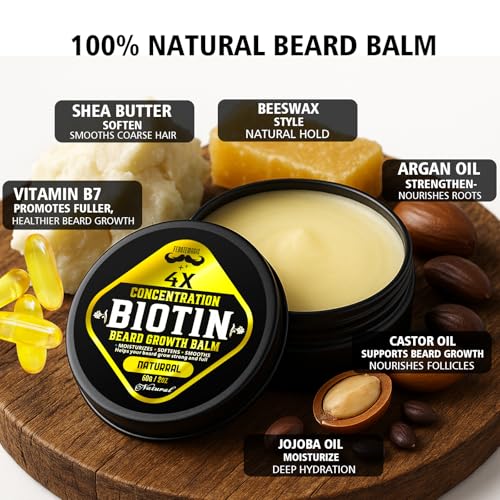 Biotin Beard Growth Balm for Men ? Conditioning & Thickening Balm with Castor, Shea & Jojoba Oils ? Non-Greasy, Softens & Nourishes for Fuller, Thicker Facial Hair ? Unscented ? 2 oz
