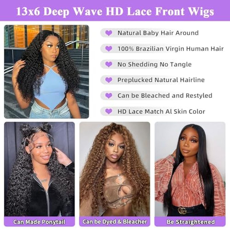Deep Wave Lace Front Wigs Human Hair 200% Density 22 Inch Deep Wave Curly Wig Human Hair Lace Front Wigs For Women 13x6 Glueless Frontal Wig Human Hair Pre Plucked
