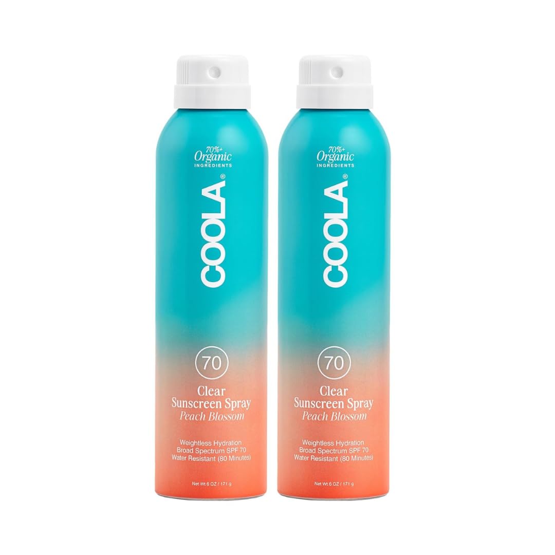 COOLA Organic Sunscreen SPF 70 Sunblock Spray, Dermatologist Tested Skin Care for Daily Protection, Vegan and Gluten Free, Peach Blossom, 6 Fl Oz, 2 Pack