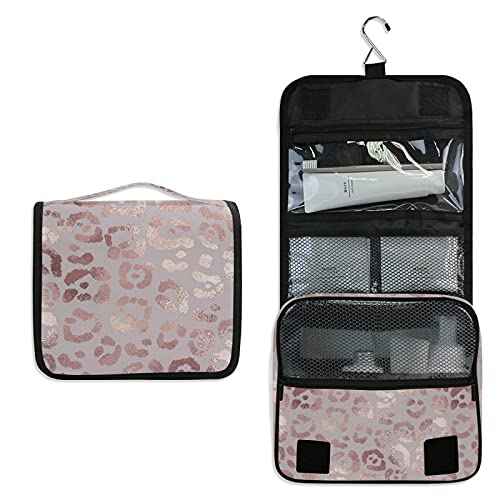 Hanging Toiletry Bag Rose Gold Leopard Print Makeup Bag Portable Travel bag for Toiletries Organizer Bags for Women Men, Travel-Essentials Bag