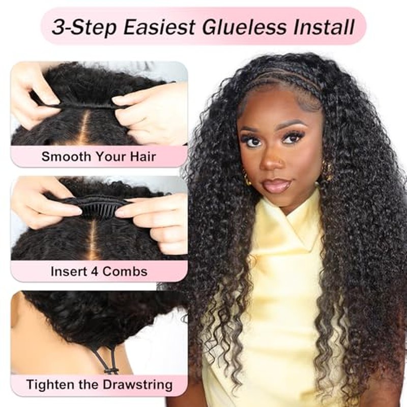 BGM GIRL Half Wig Human Hair Water Wave 3 in 1 Wigs Beginner Friendly Flip Over Drawstring Glueless Wig Ready to Go Seamless Clip in Wigs Natural Black Color 16 Inch