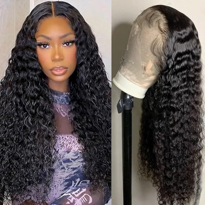 Water Wave Lace Front Wigs Human Hair 13x6 Full Frontal HD Transparent Lace Front Wigs for Women 180% Density Deep Curly Human Hair Wigs Wet And Wavy Pre Plucked with Baby Hair 20Inch