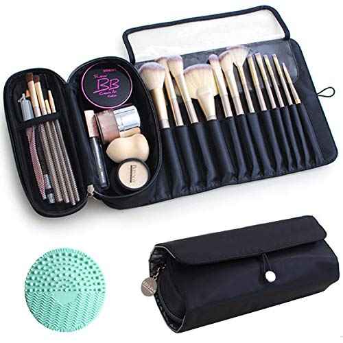 Makeup Brush Bag, Travel Makeup Brush Case Makeup Brush Holder Organizer Cosmetic Bag Portable Roll Up Brush Storage Bag for Makeup Brushes and Cosmetic Essentials (Black)